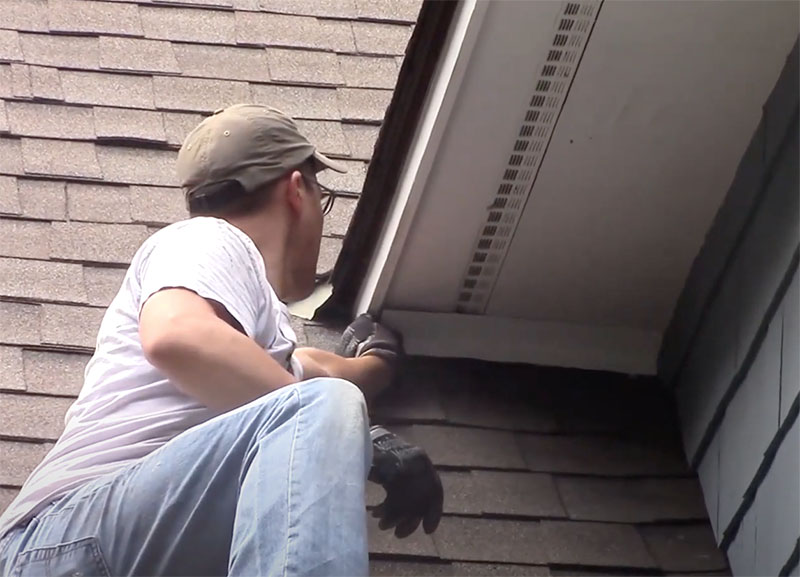 Neil Tregger of Hudson Valley Wildlife fixes flying squirrel damage on roof